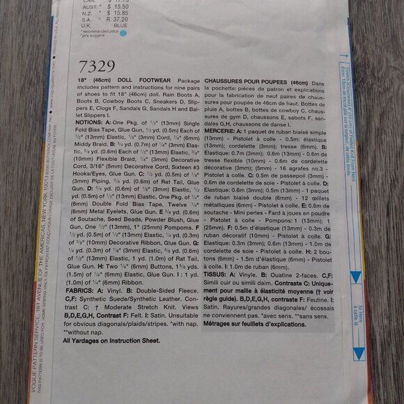 18" Doll Shoes Boots Sewing Pattern Makes 9 Different Pairs UNCUT Vogue 7329 - Picture 4 of 8